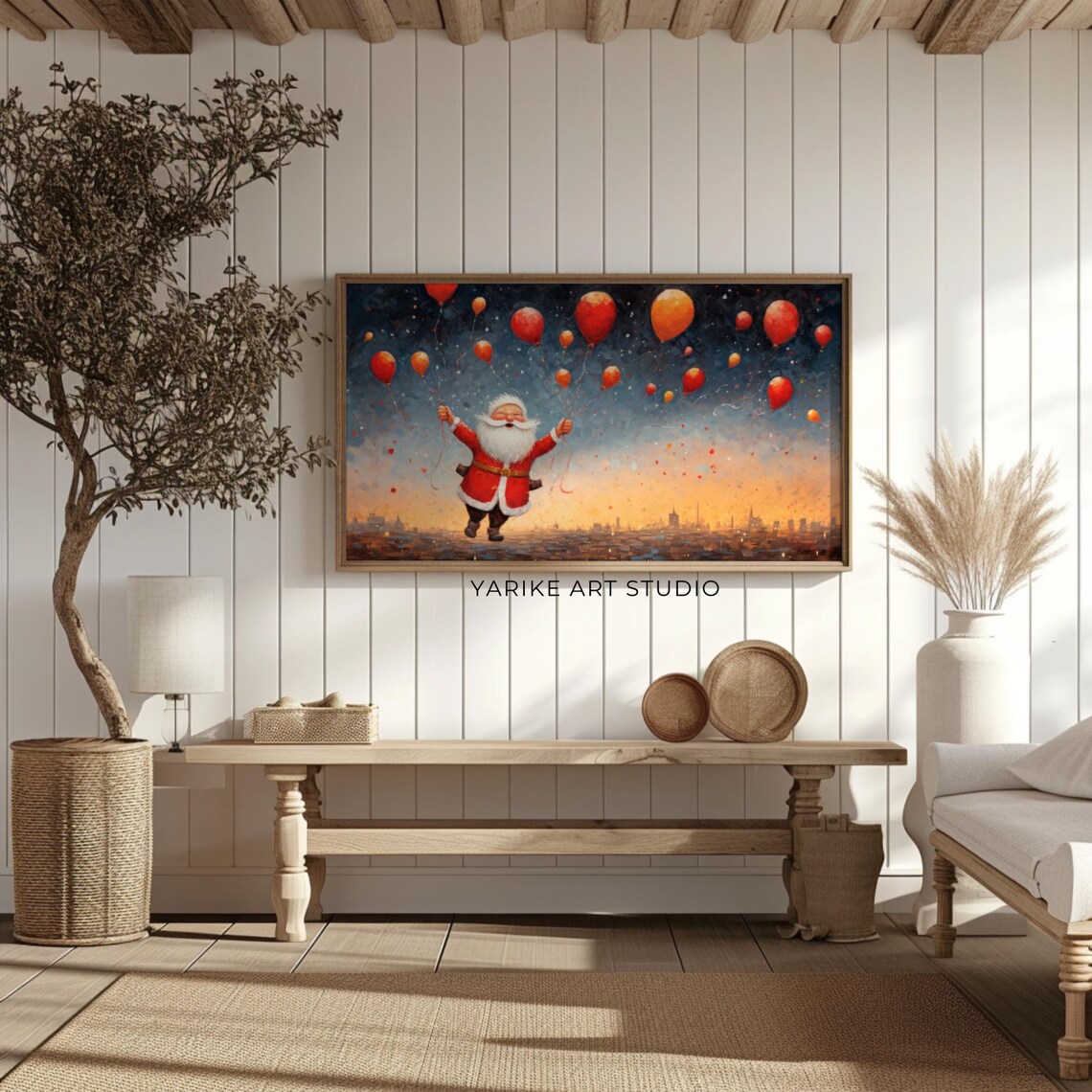Flying Santa Claus Balloons City Sunset Whimsical Christmas Poster - Image 2