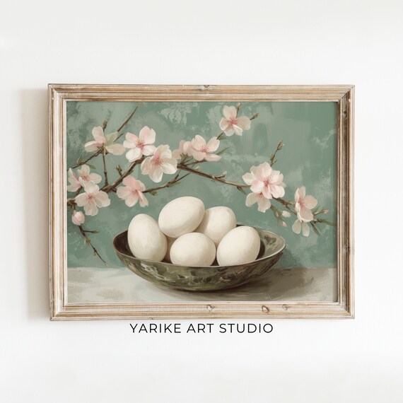 White Eggs Bowl Cherry Blossom Branch Spring Still Life Poster