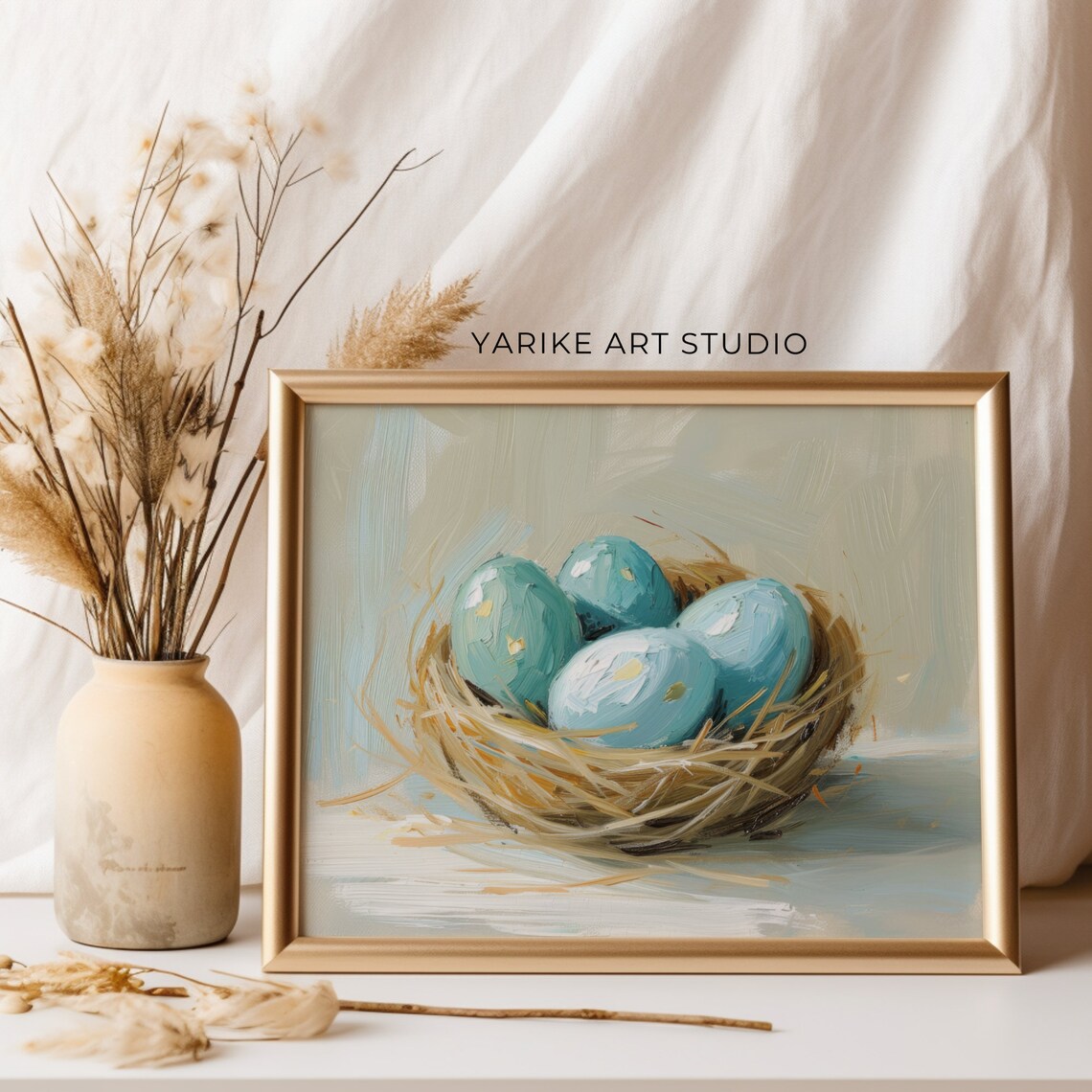 Blue Bird Eggs in Nest Oil Painting Spring Still Life Poster - Image 3