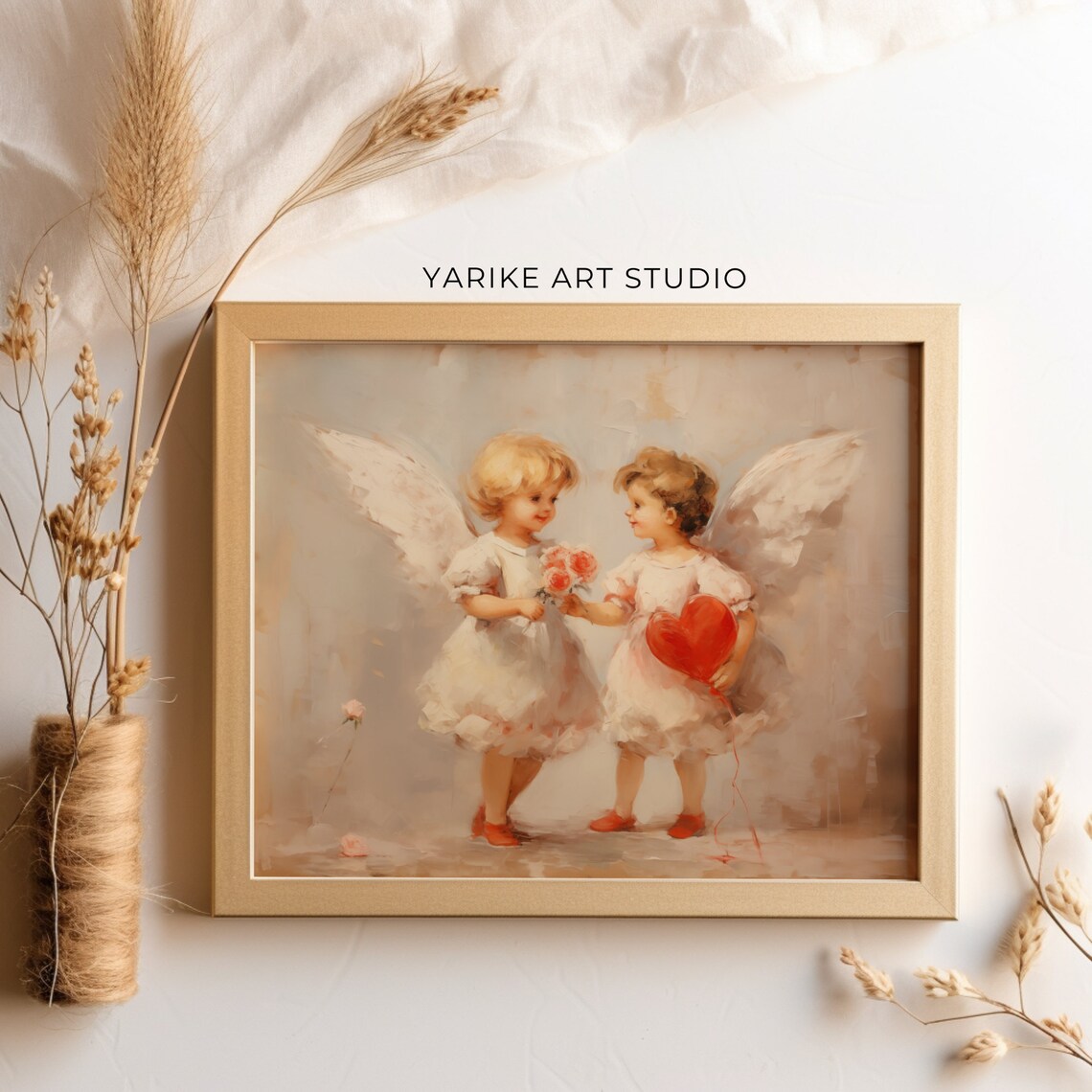 Two Vintage Cherub Angels with Heart and Roses Painting Poster - Image 3