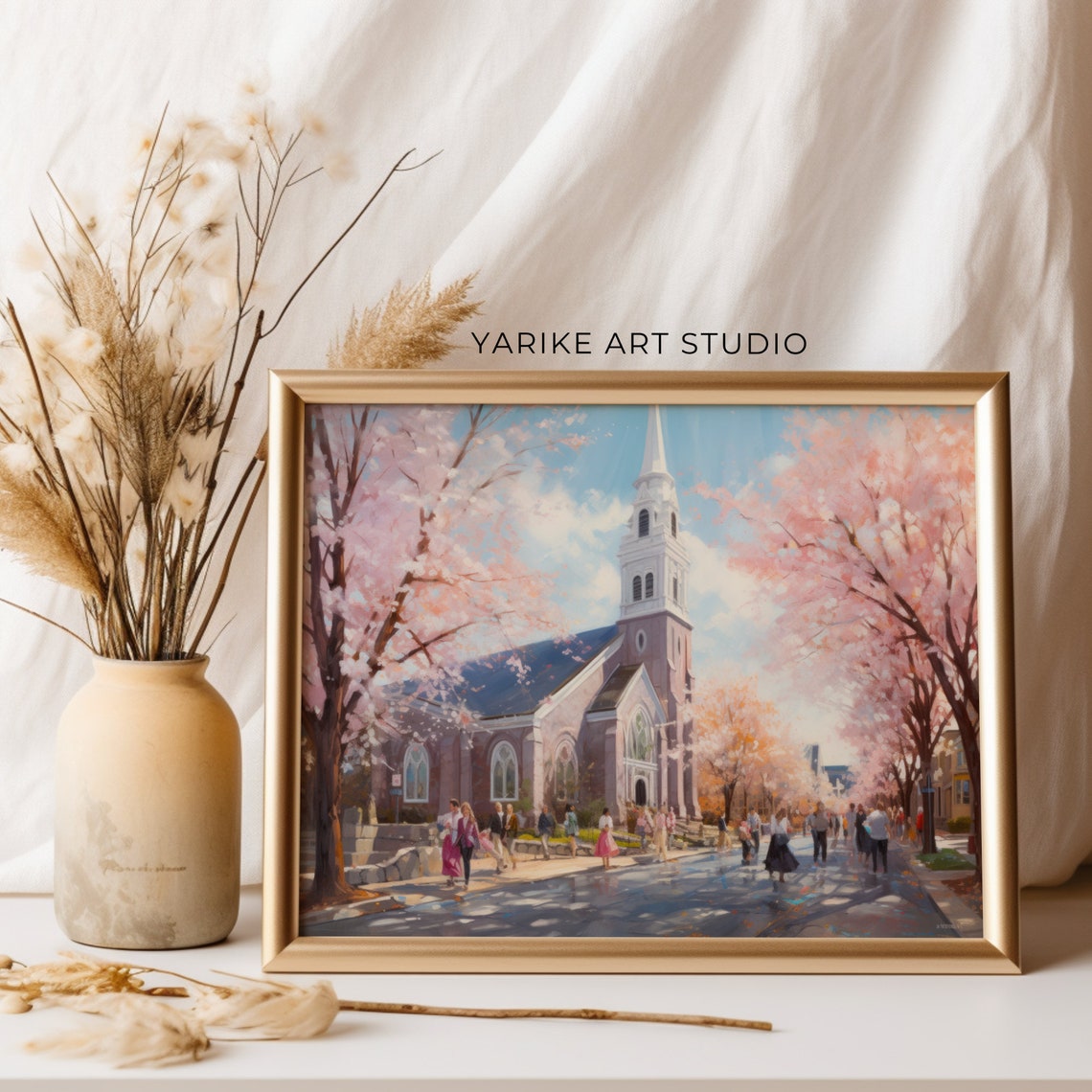 Cherry Blossom Lined Church Street Springtime City Art Poster - Image 4
