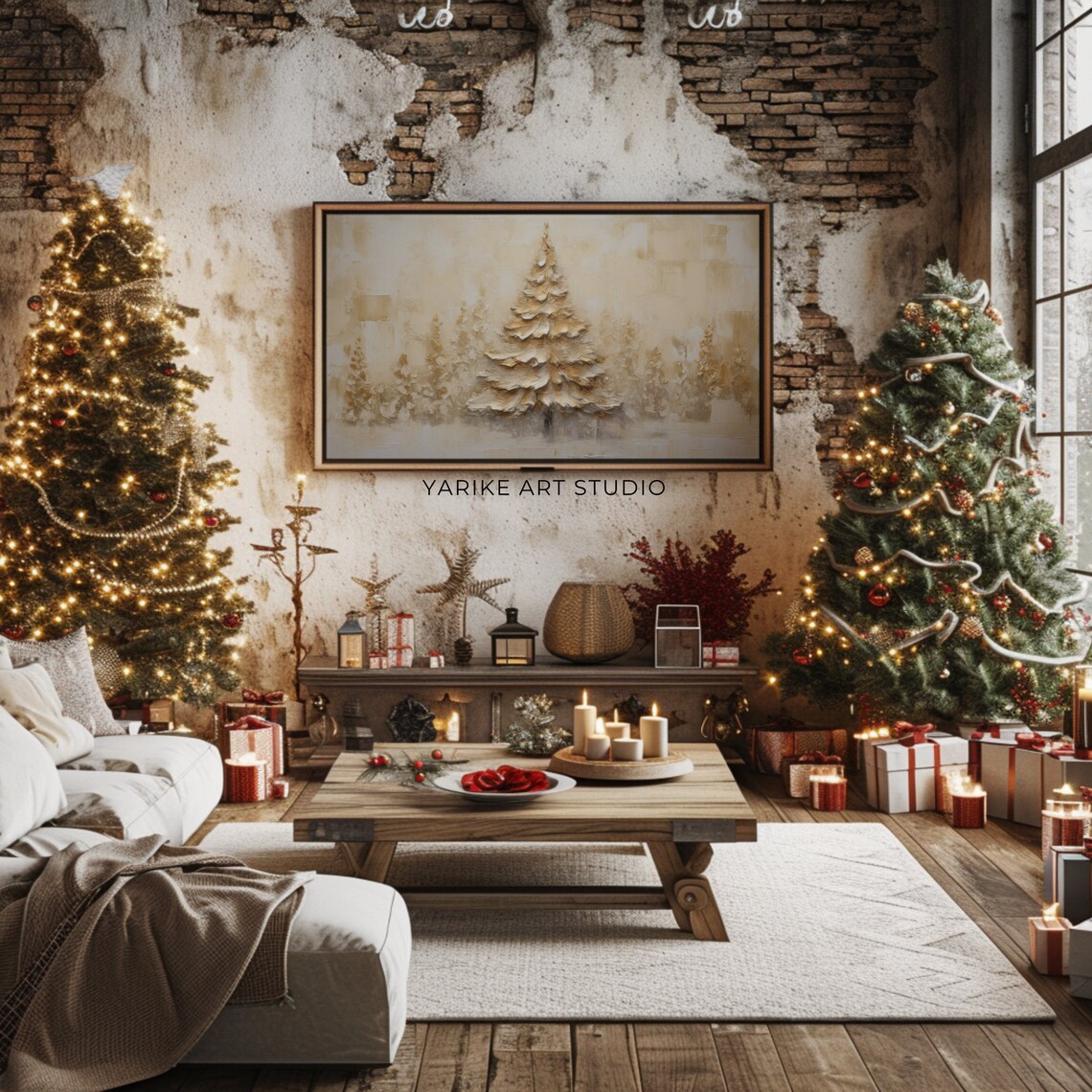 Golden Impasto Christmas Tree Cream Beige Elegant Holiday Poster - Image 2
