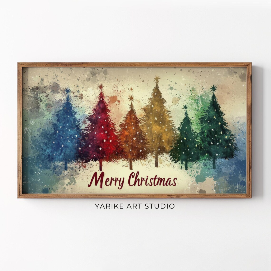 Merry Christmas Watercolor Evergreen Trees Rainbow Holiday Poster
