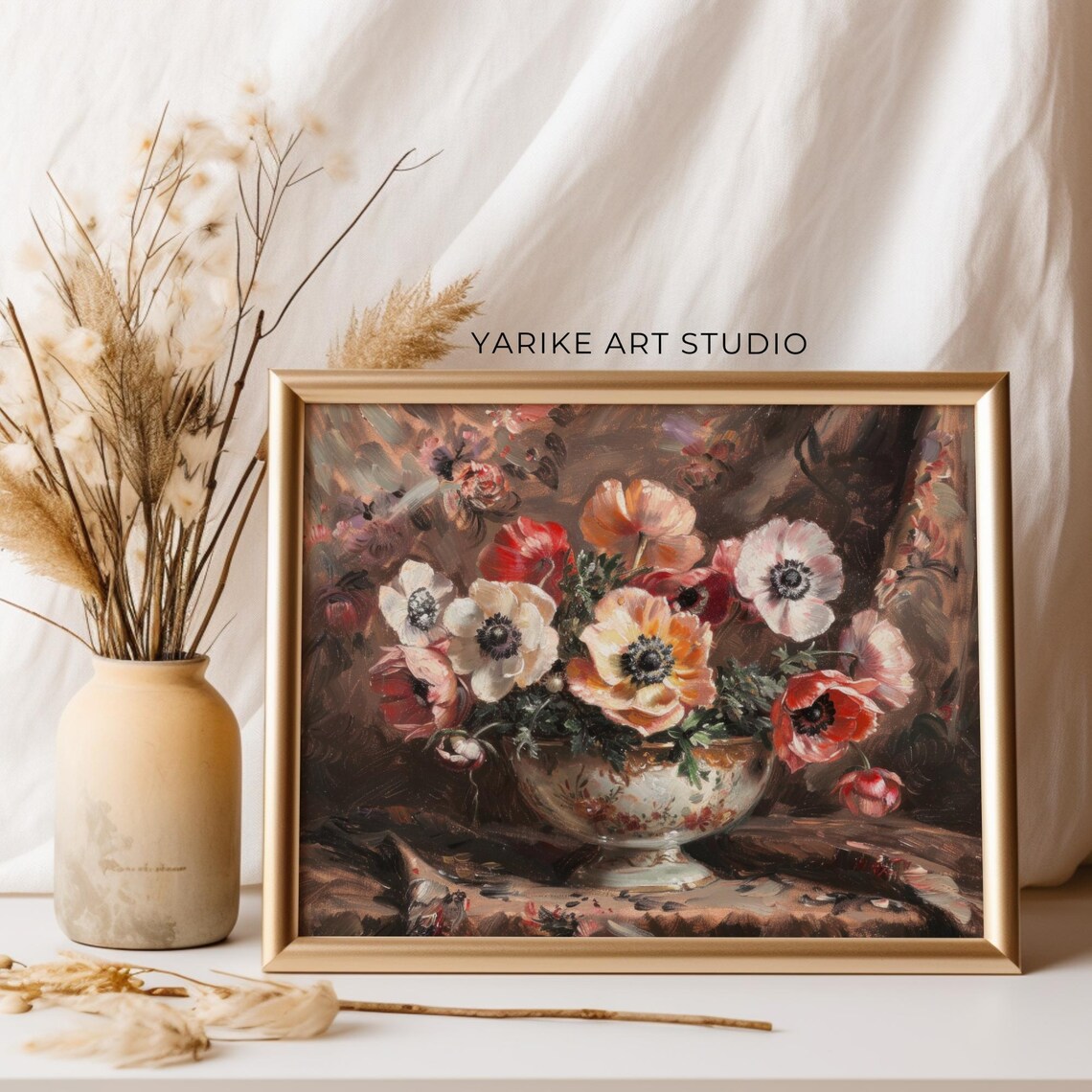 Vintage Anemone Bouquet Bowl Floral Still Life Oil Painting Poster - Image 5