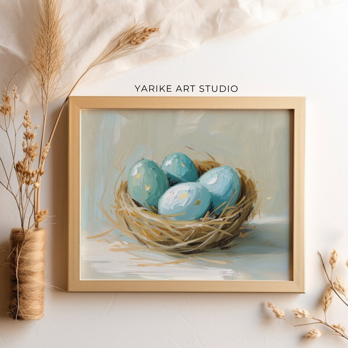 Blue Bird Eggs in Nest Oil Painting Spring Still Life Poster - Image 4