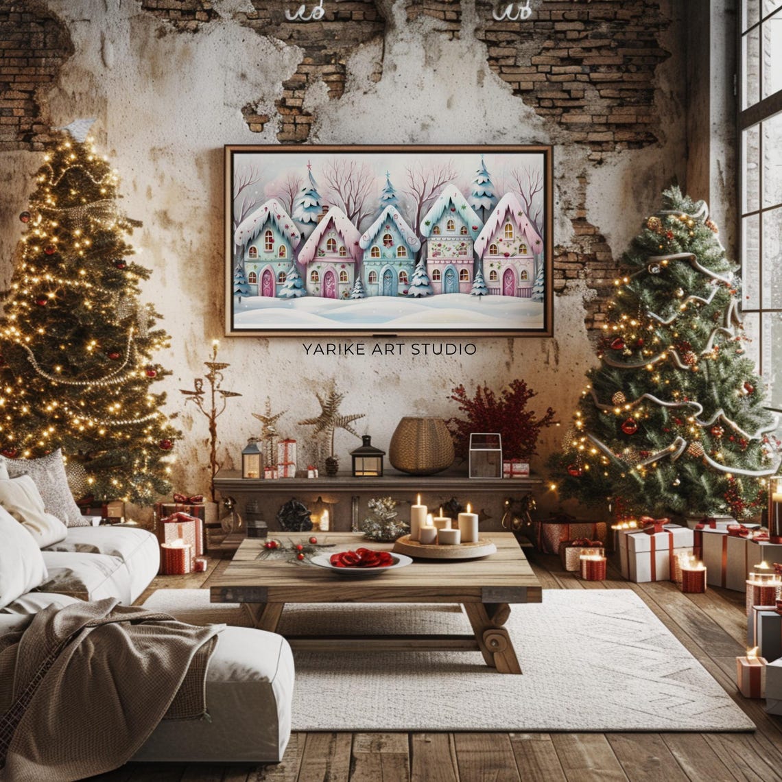 Pastel Winter Village Snowy Cottages and Pine Trees Scene Poster - Image 2