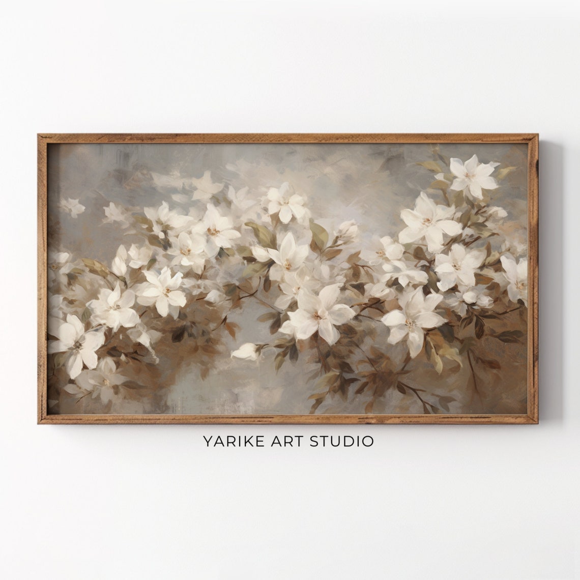 Cascading White Blossoms Branch Muted Neutral Floral Artwork Poster