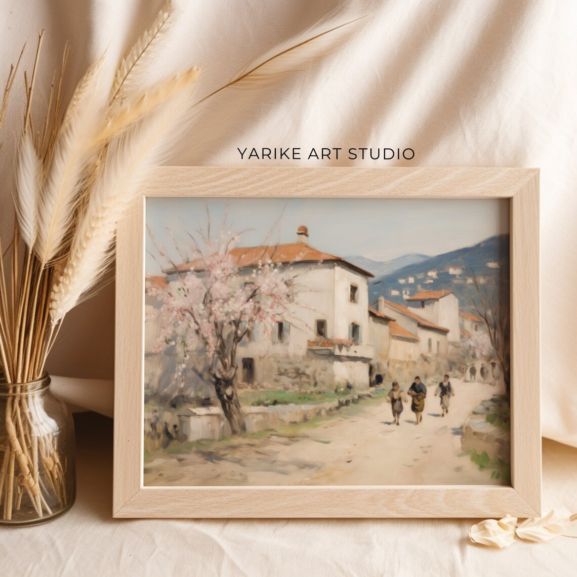 Sunlit Village Street with Blooming Tree and Figures in Warm Light Poster - Image 2