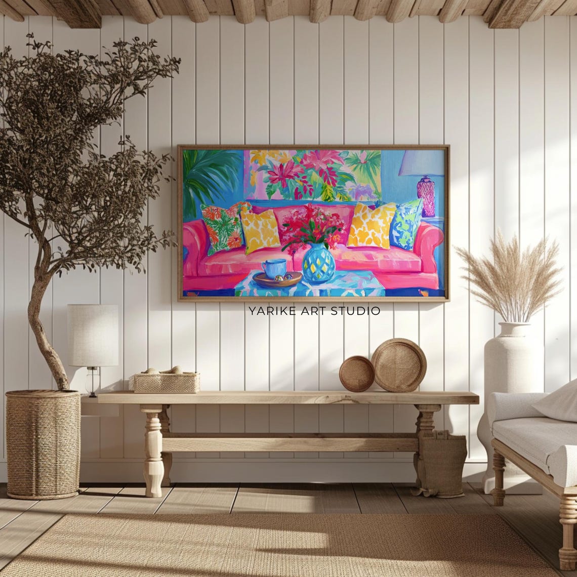Colorful Pink Sofa Living Room Tropical Maximalist Interior Poster - Image 2