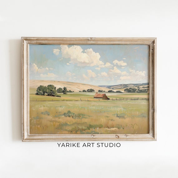 Vintage Farmland Landscape Painting Rustic Country Art Print Neutral Countryside Art Farmhouse Decor 685