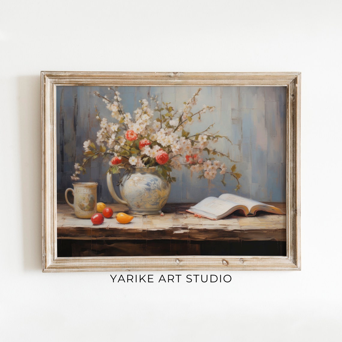 White Blossom and Rose Vase with Open Book Still Life Poster