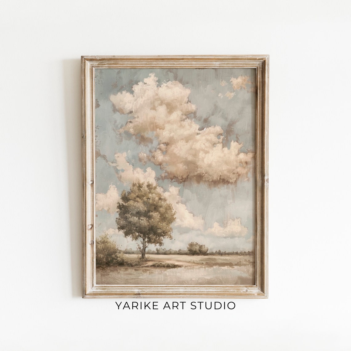 Neutral Cloudy Sky Billowing Clouds Lone Tree Vintage Oil Poster