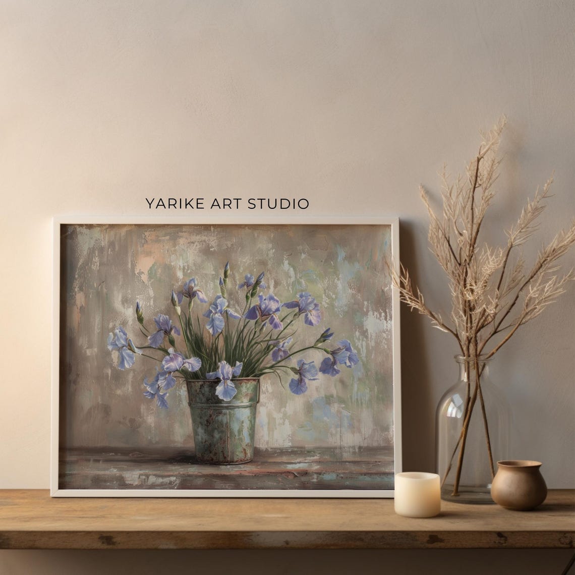 Blue Iris Flowers Tin Pail Soft Neutral Floral Still Life Poster - Image 4