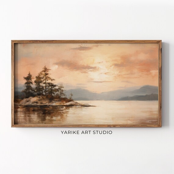 Autumn Lake Sunset Oil Painting Evergreen Pines Mountain Lake Poster