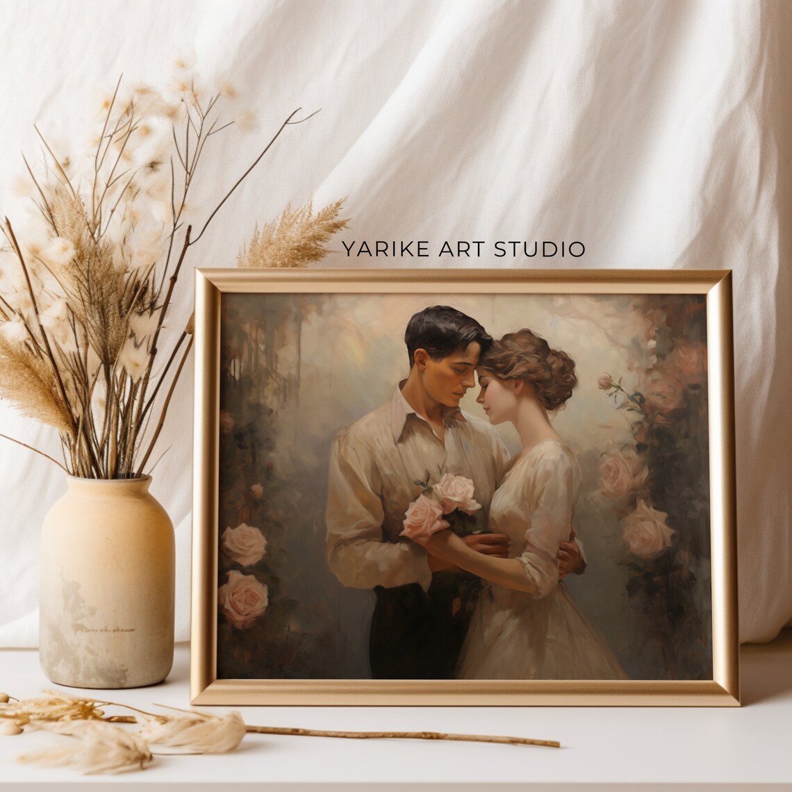 Romantic Couple Embrace with Roses Vintage Love Painting Poster - Image 3