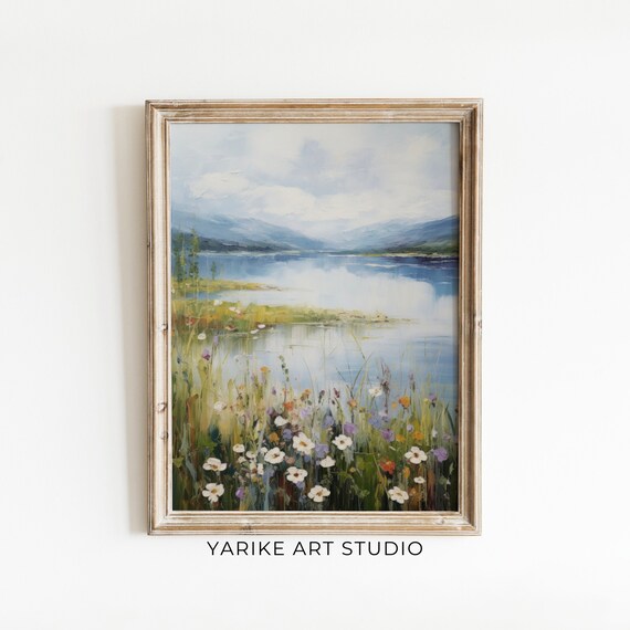 Mountain Lake Wildflowers Impressionist Summer Landscape Art Poster