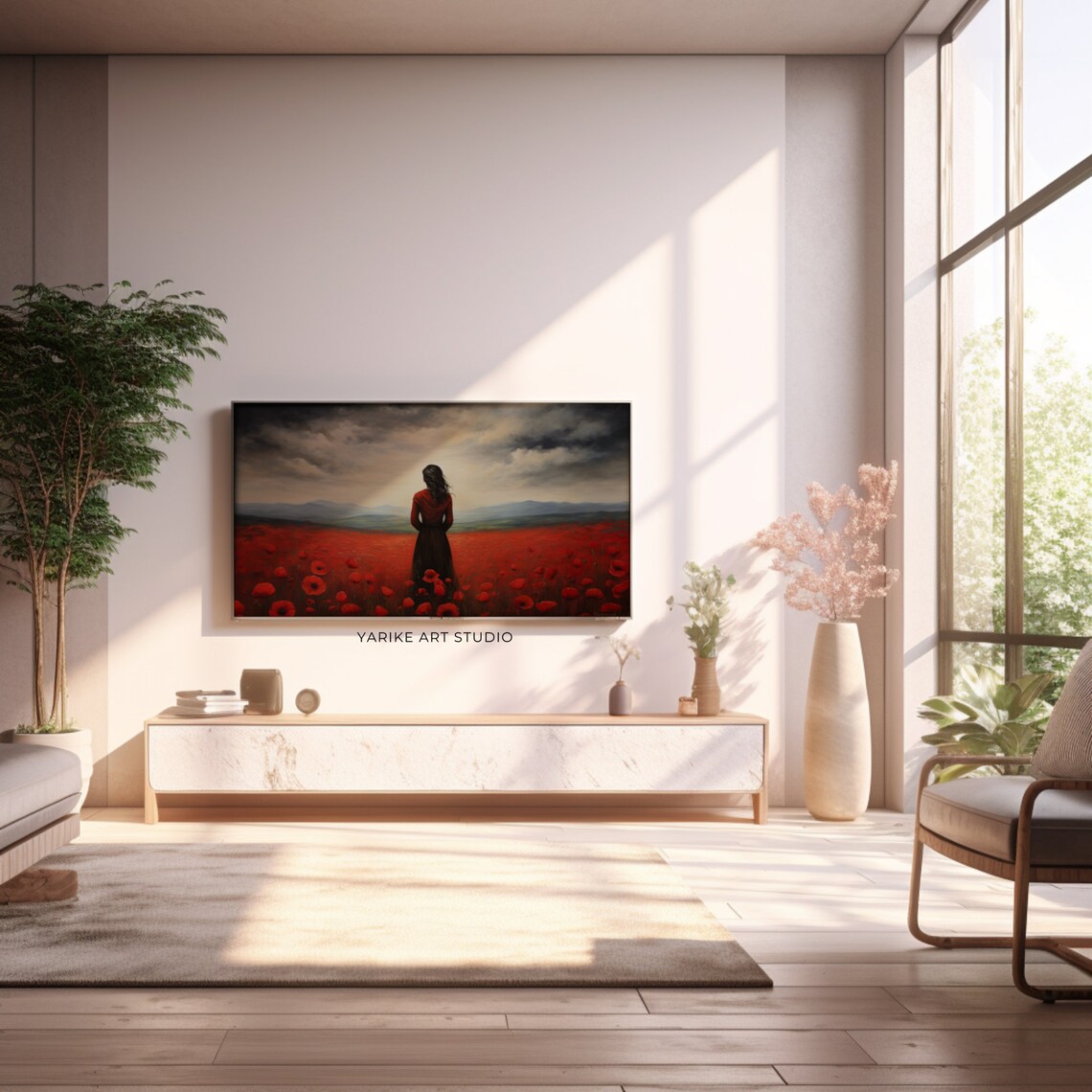 Woman In Red Dress In Vast Poppy Field Under Stormy Sky Poster - Image 3