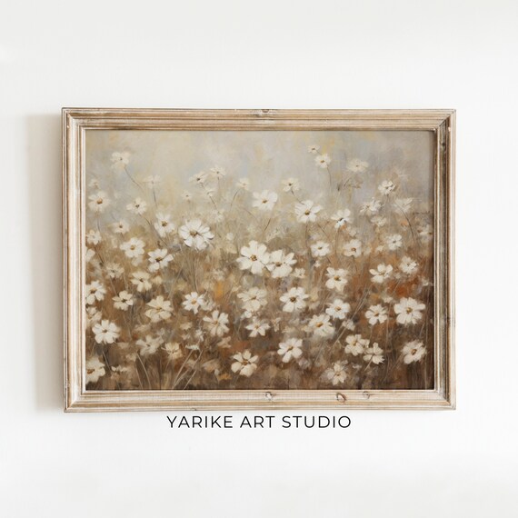 White Cosmos Daisy Field In Soft Neutral Vintage Tones Poster
