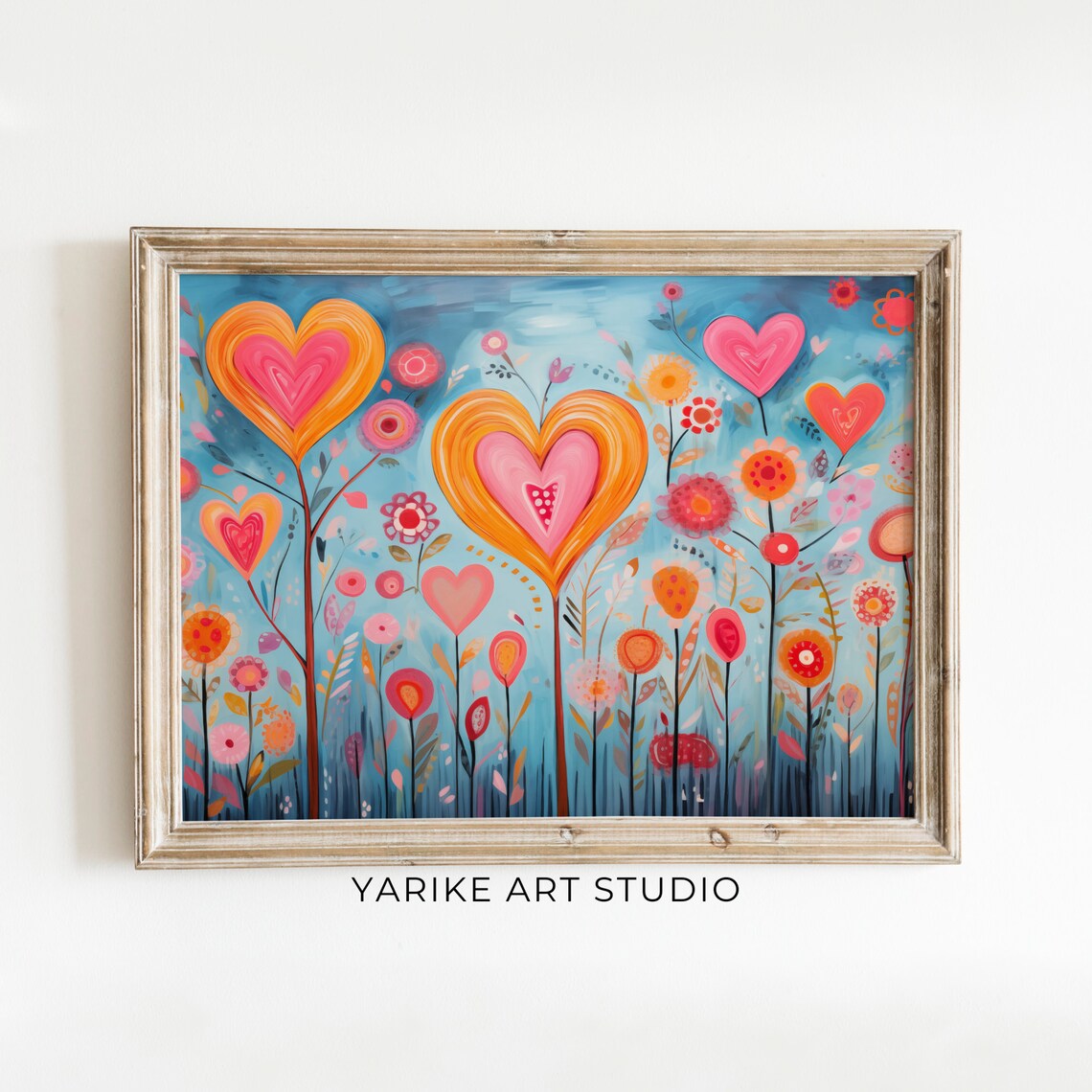 Valentine Heart Flowers Folk Art Colorful Love Garden Wall Print