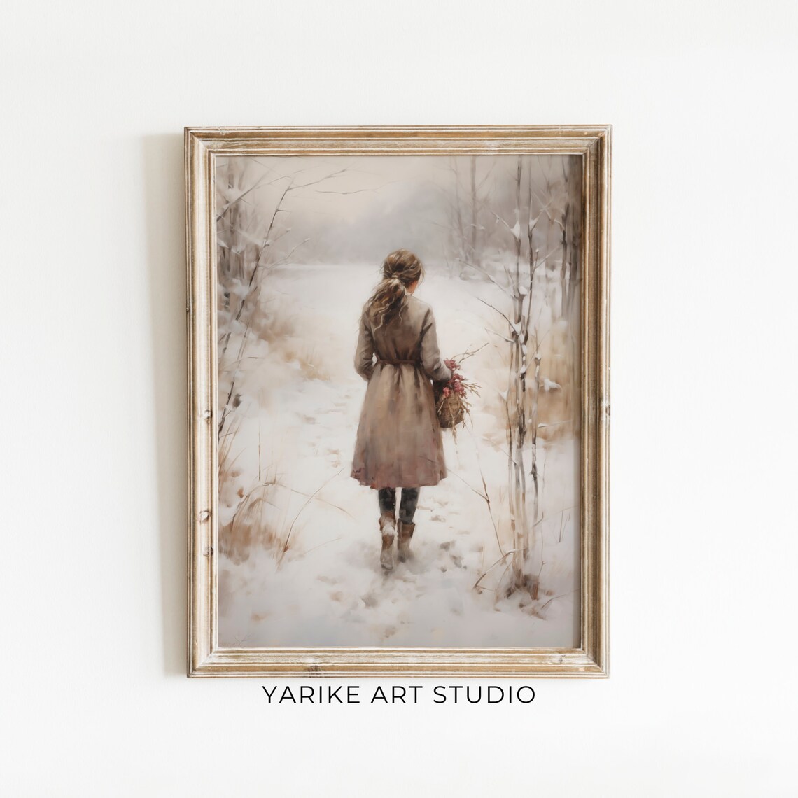 Girl Walking Snowy Winter Path Basket Vintage Landscape Oil Poster