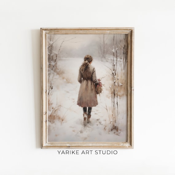 Girl Walking Snowy Winter Path Basket Vintage Landscape Oil Poster