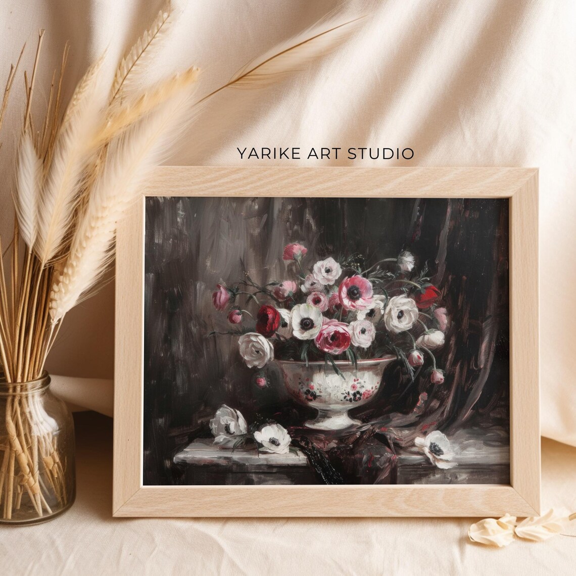 Pink and White Anemone Bouquet Vintage Bowl Dark Floral Poster - Image 6