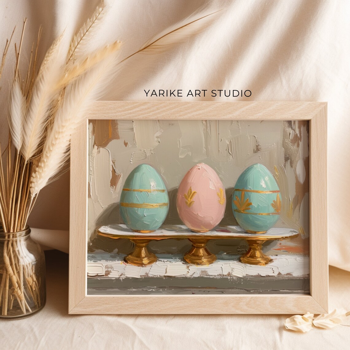 Painted Easter Eggs Gold Stand Oil Painting Pastel Eggs Still Life Poster - Image 2