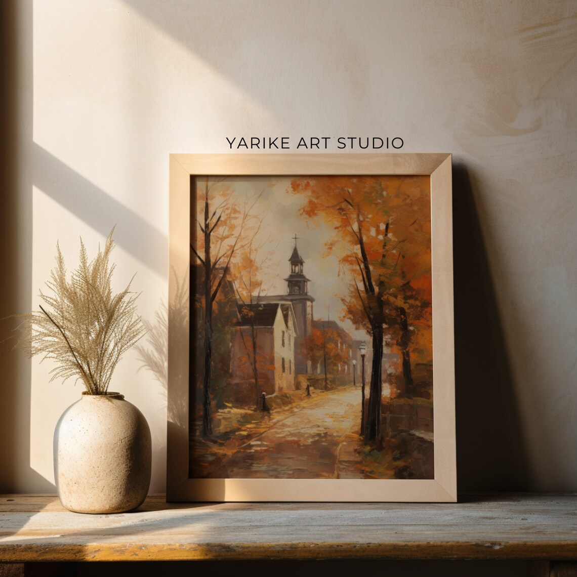 Vintage Autumn Town Street With Church Steeple Golden Trees Poster - Image 2