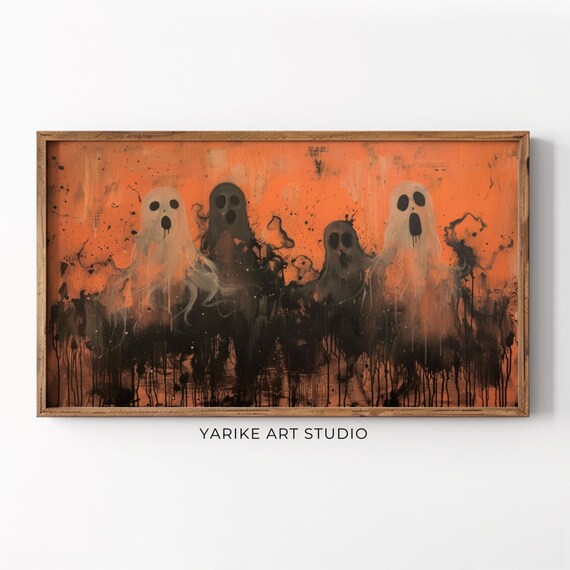 Spooky Halloween Ghost Painting Five Ghosts Orange Abstract Art Poster