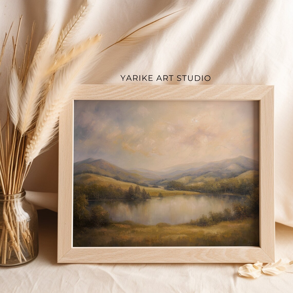 Moody Spring Pond Landscape Painting Vintage Wall Art Mutes Spring Decor Neutral Yarike Art Studio 555 - Image 2