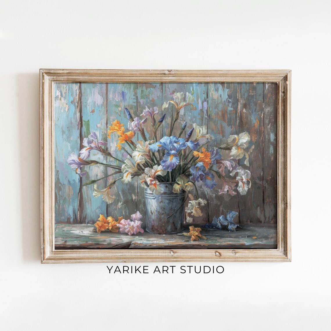 Blue Iris Bouquet Tin Pail Rustic Floral Still Life Painting Poster