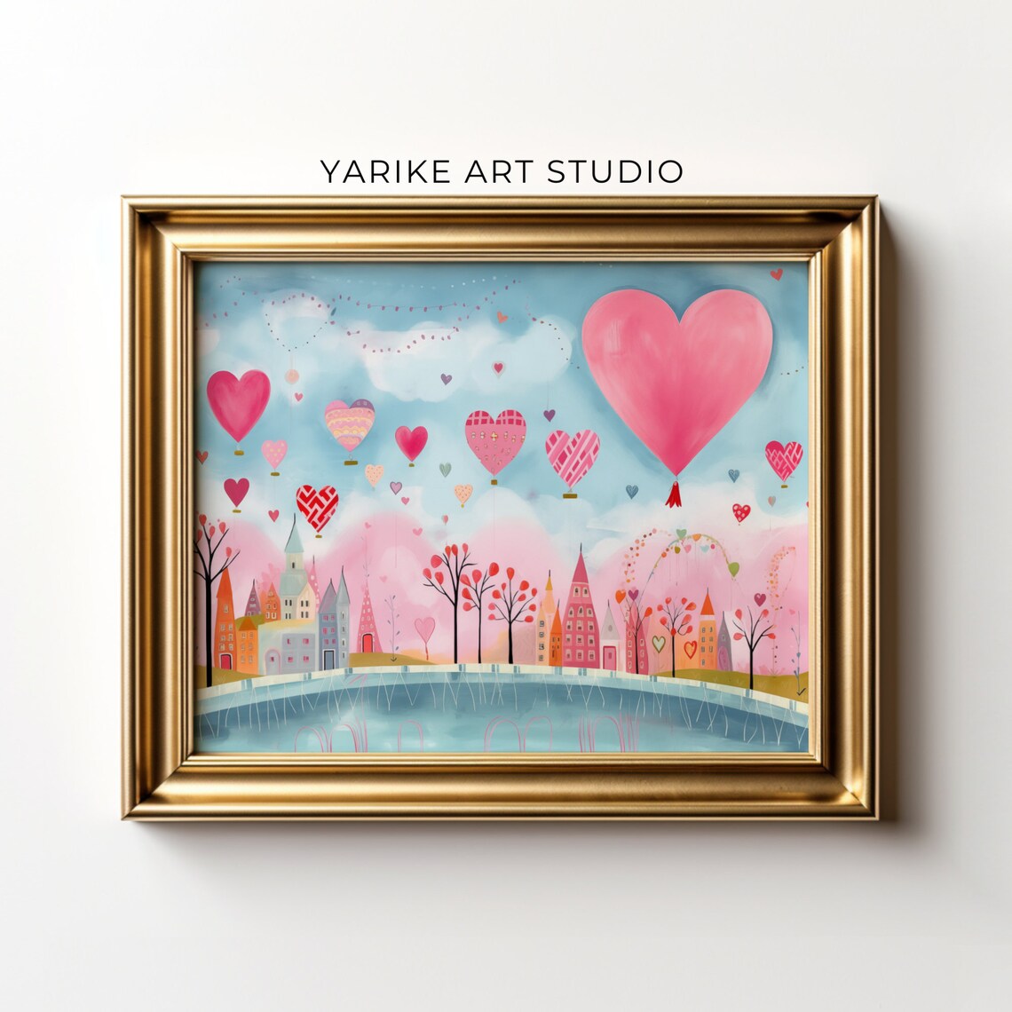 Pastel City With Heart Hot Air Balloons Valentine Folk Poster - Image 5