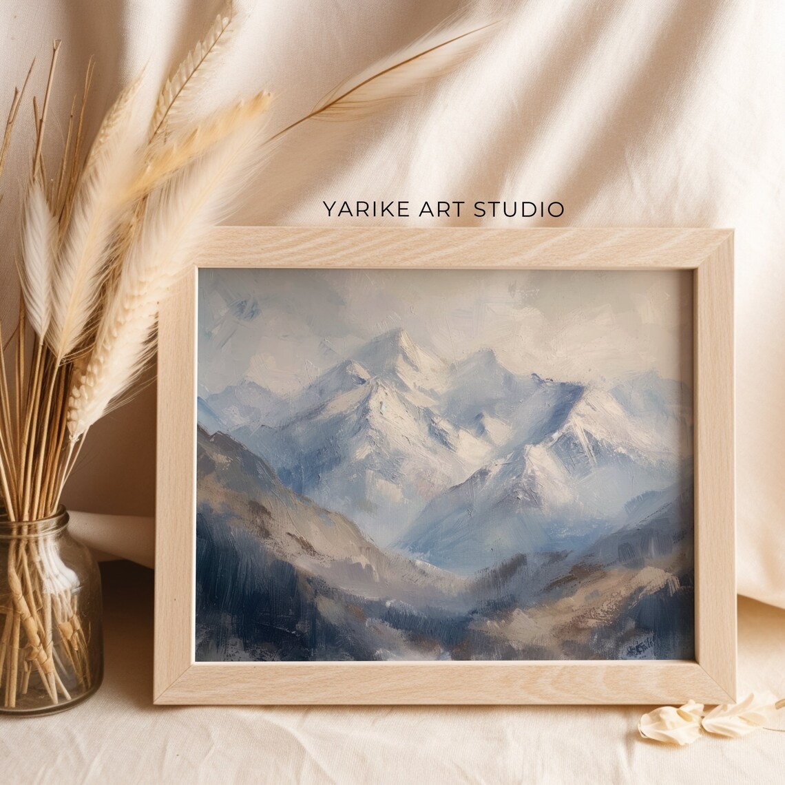 Snowy Mountain Peaks Blue Gray Alpine Summit Oil Painting Poster - Image 6