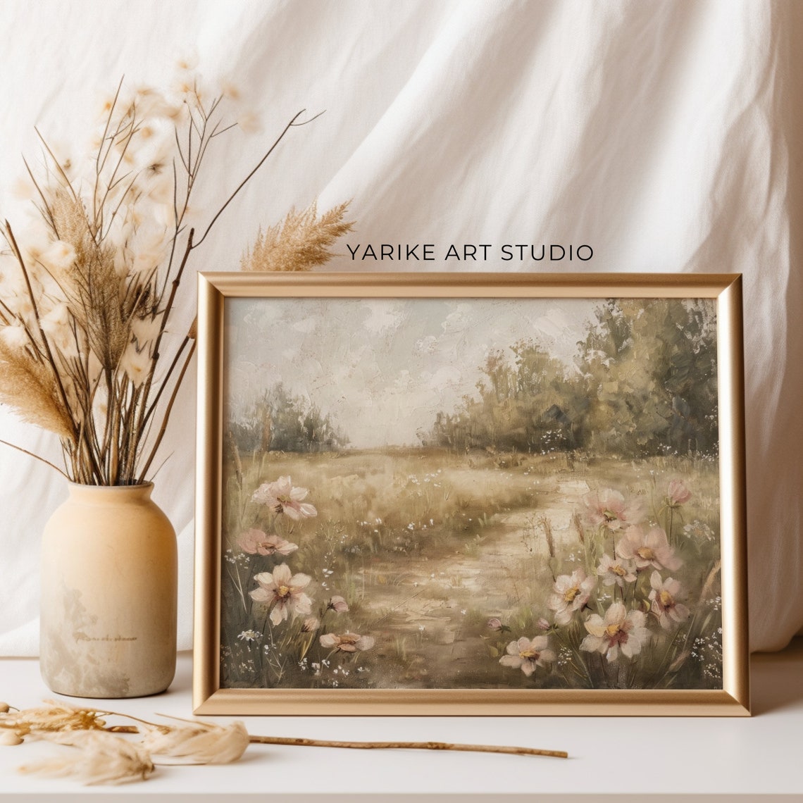 Country Path Through Wildflower Meadow Vintage Neutral Poster - Image 3