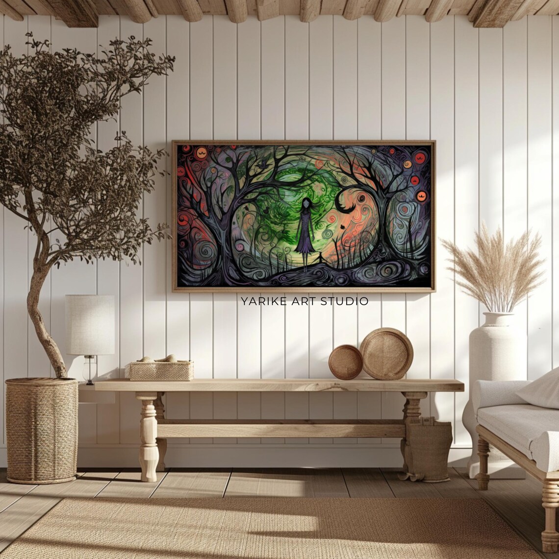 Girl in Swirling Mystical Forest Green Purple Fantasy Art Poster - Image 2