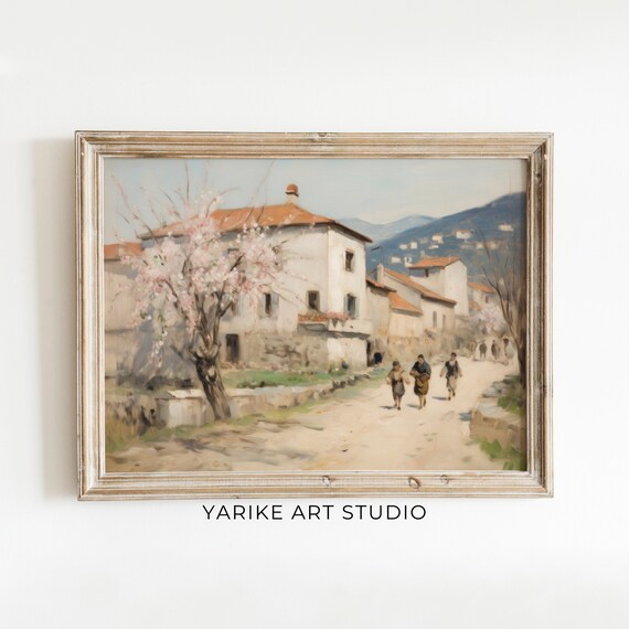 Sunlit Village Street with Blooming Tree and Figures in Warm Light Poster