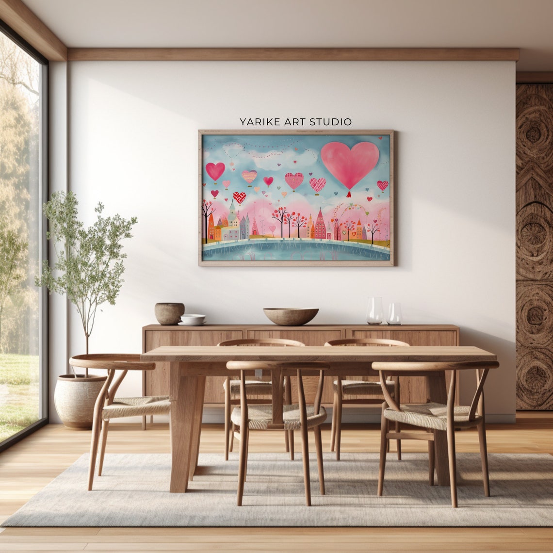 Pastel City With Heart Hot Air Balloons Valentine Folk Poster - Image 3