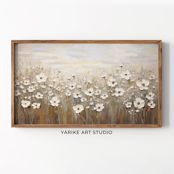 White Wildflower Field Vintage Warm Tone Spring Meadow Poster