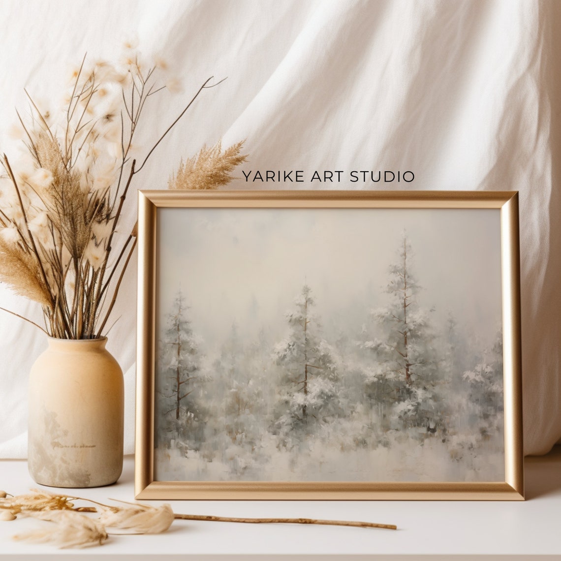 Misty Snow Covered Pine Forest Winter Wonderland Painting Poster