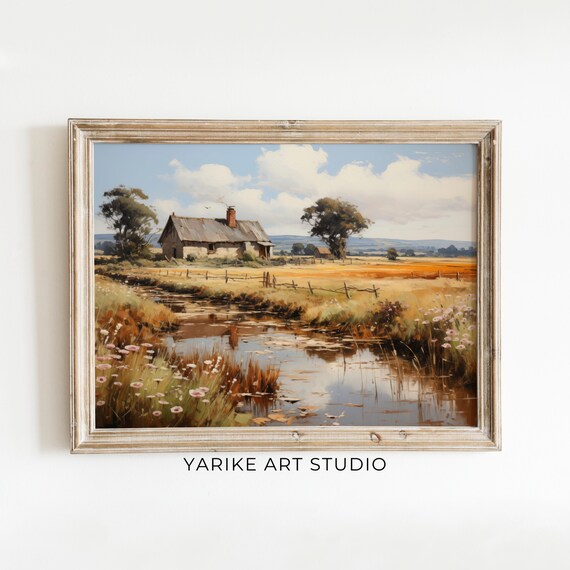 Autumn Cottage By Pond Pink Wildflowers Golden Field Art Poster