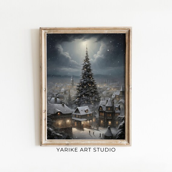 Winter Village Print Vintage Wall Art Traditional Christmas Tree Painting Dark Moody Christmas Festive Artwork 6 Ai
