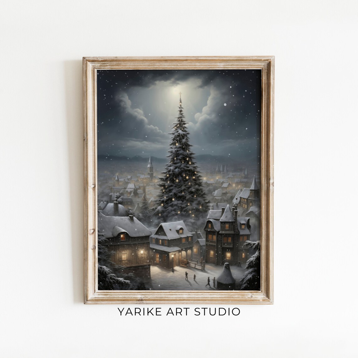 Giant Lit Christmas Tree Snowy Village Night Winter Scene Poster