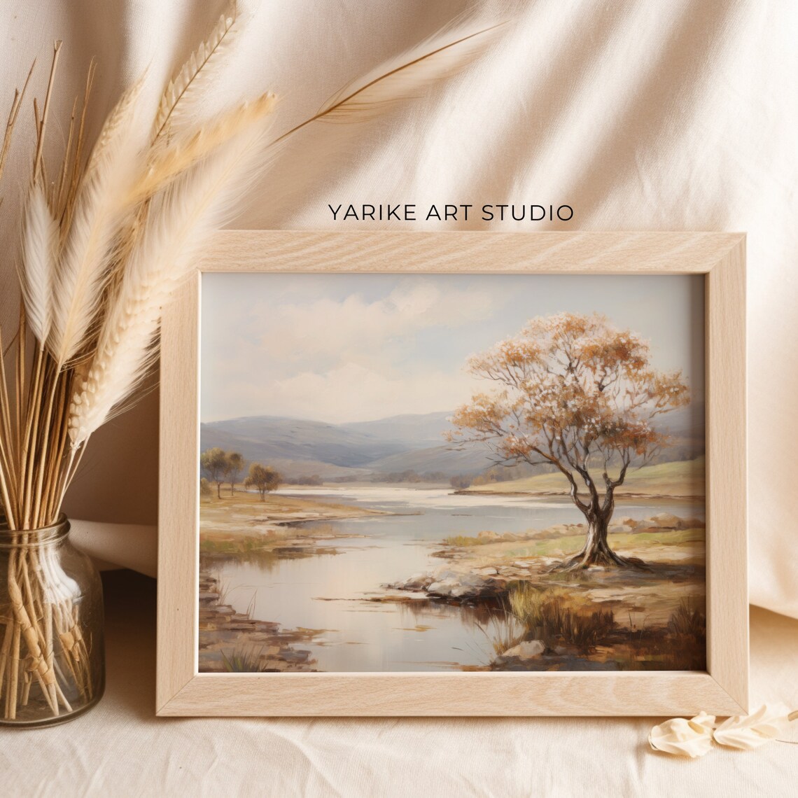 Tranquil River Winding Past Tree with Misty Hills Beyond Landscape Print - Image 2