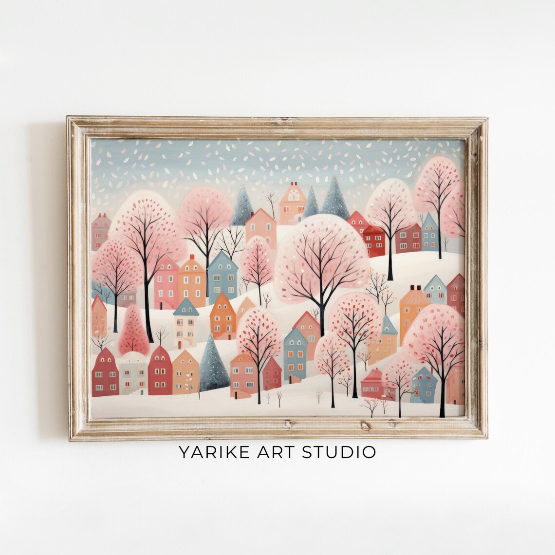 Pastel Snowy Town Folk Art Painting Pink Winter City Landscape Print Christmas Day Gift Xmas Wall Art Cabin Christmas Decor 897