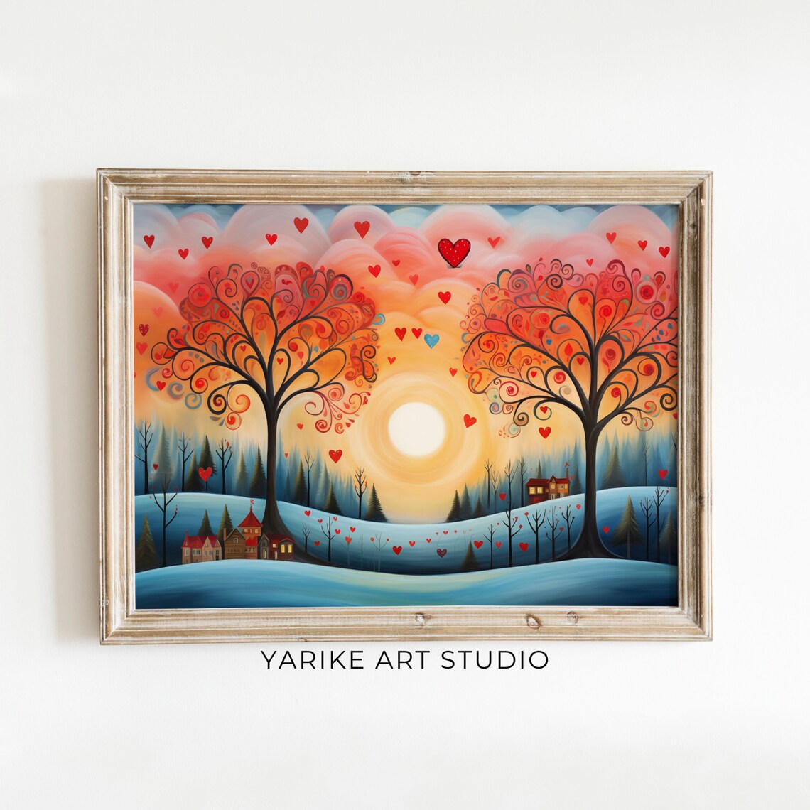 Whimsical Love Trees With Hearts Snowy Folk Valentine Poster
