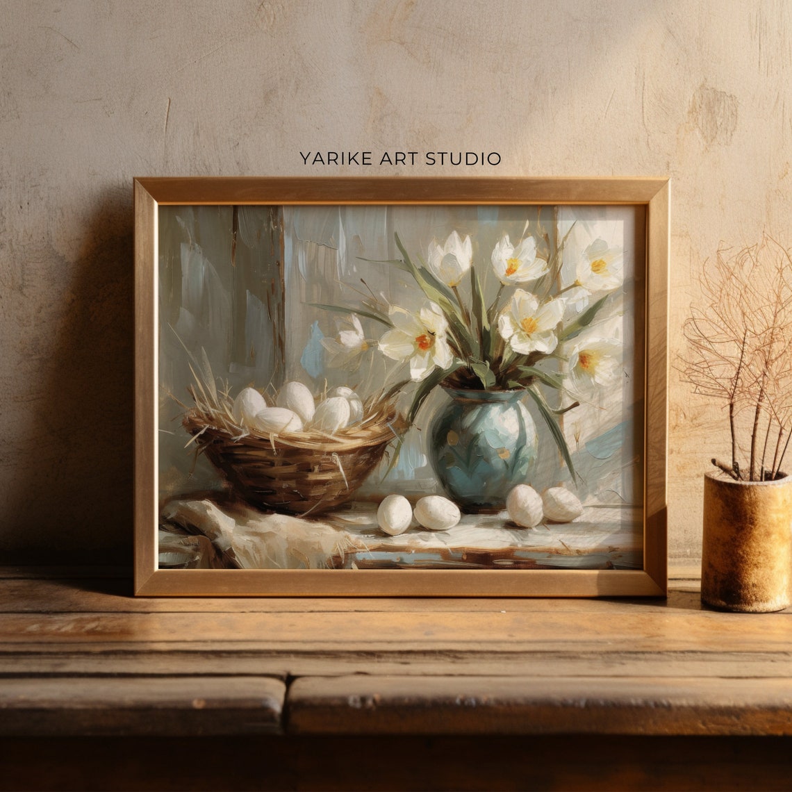 Daffodils and Easter Eggs Basket Spring Still Life Painting Poster