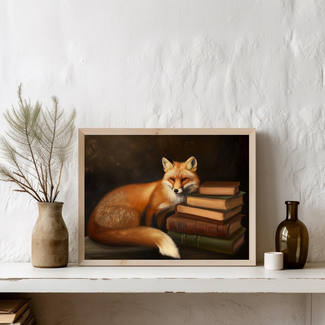 Red Fox Resting Beside Stack of Old Books Dark Academia Poster - Image 2