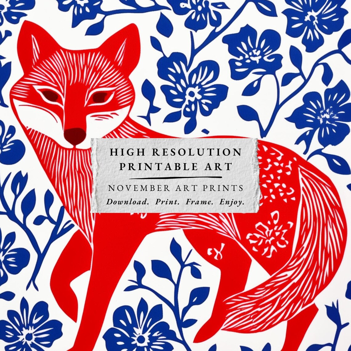 Vivid Red Fox Folk Art Linocut Blue Floral Woodland Scene Poster - Image 4