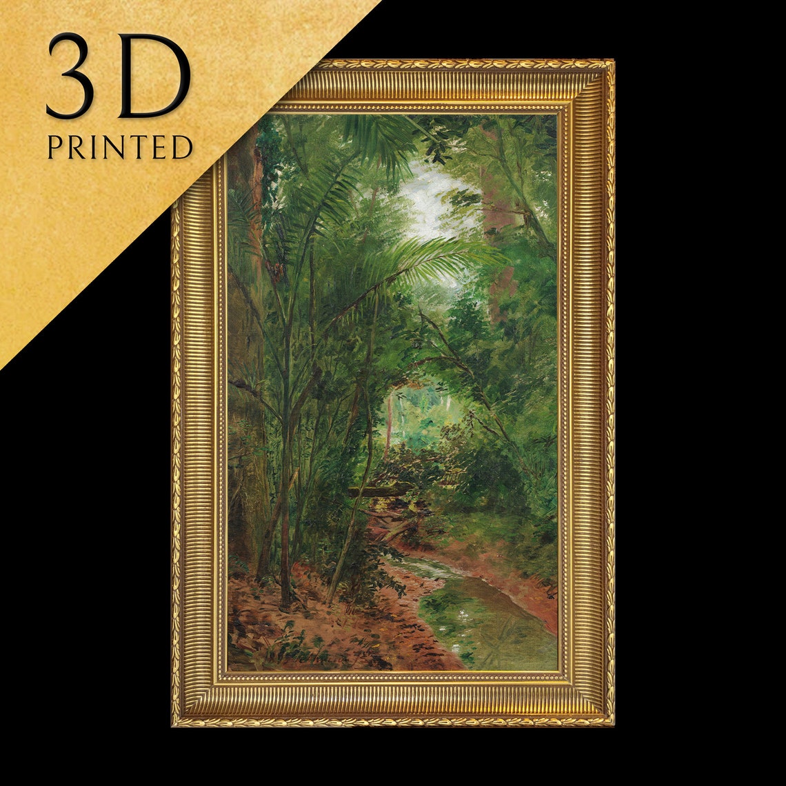 Tropical Jungle Stream with Palm Fronds Under a Green Canopy Poster