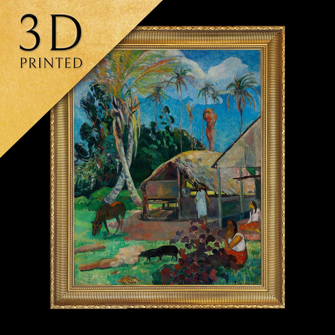 Paul Gauguin Black Pigs Tahitian Village Palm Trees Scene Poster